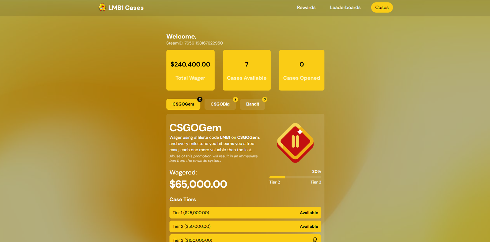 LMB1 Wager Rewards Interface